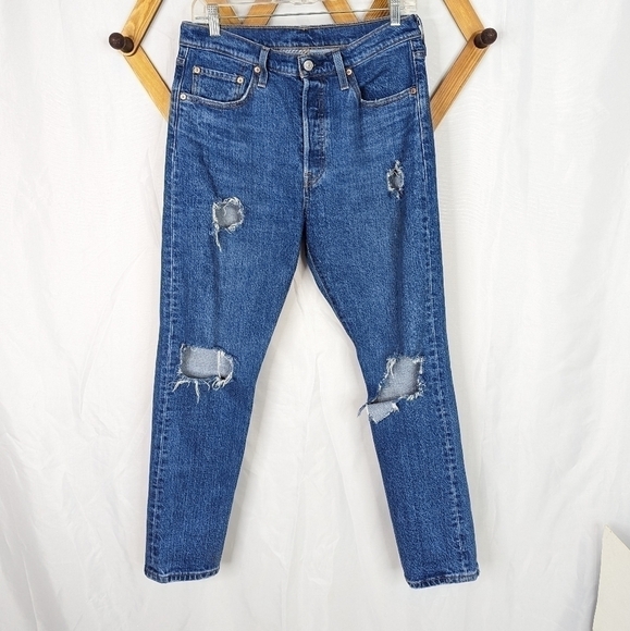 Levi's 501 Button Fly Dark Wash Destroyed High Rise Skinny Jeans - Picture 1 of 10